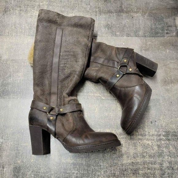 STETSON Fur Lined Leather Harness Tall Chunky High Heel Boots - Picture 2 of 10